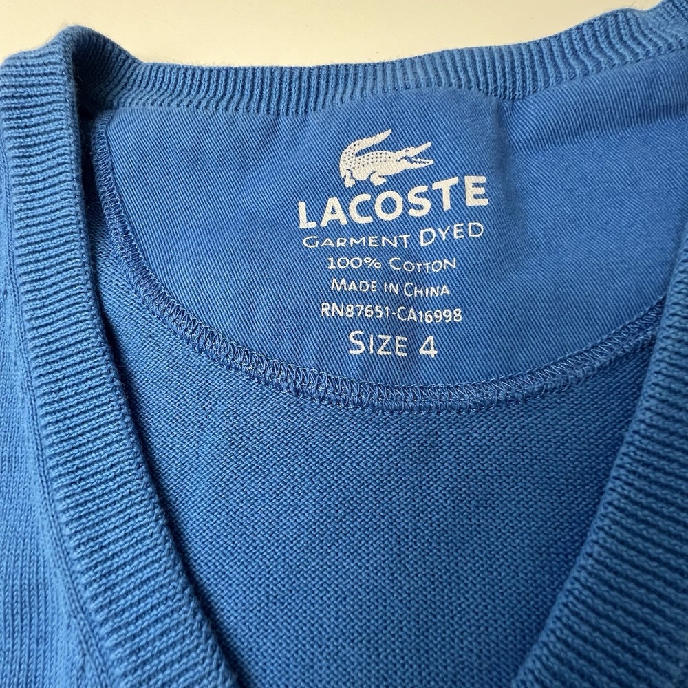 Lacoste Sweater Men's Size 4 (Medium) Blue Cotton V Neck Crocodile Logo Pullover - Picture 2 of 13
